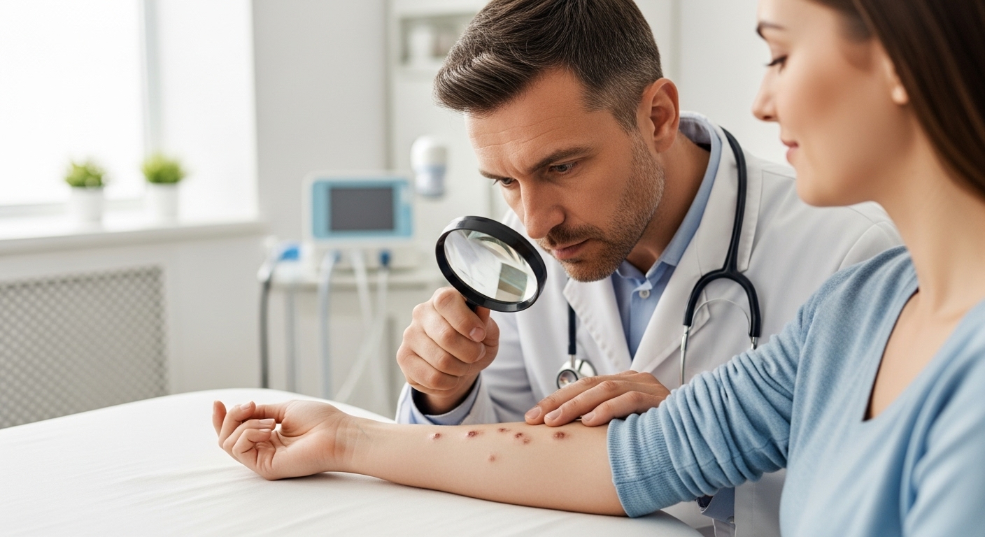 의사가 확대경으로 검사하는 모습