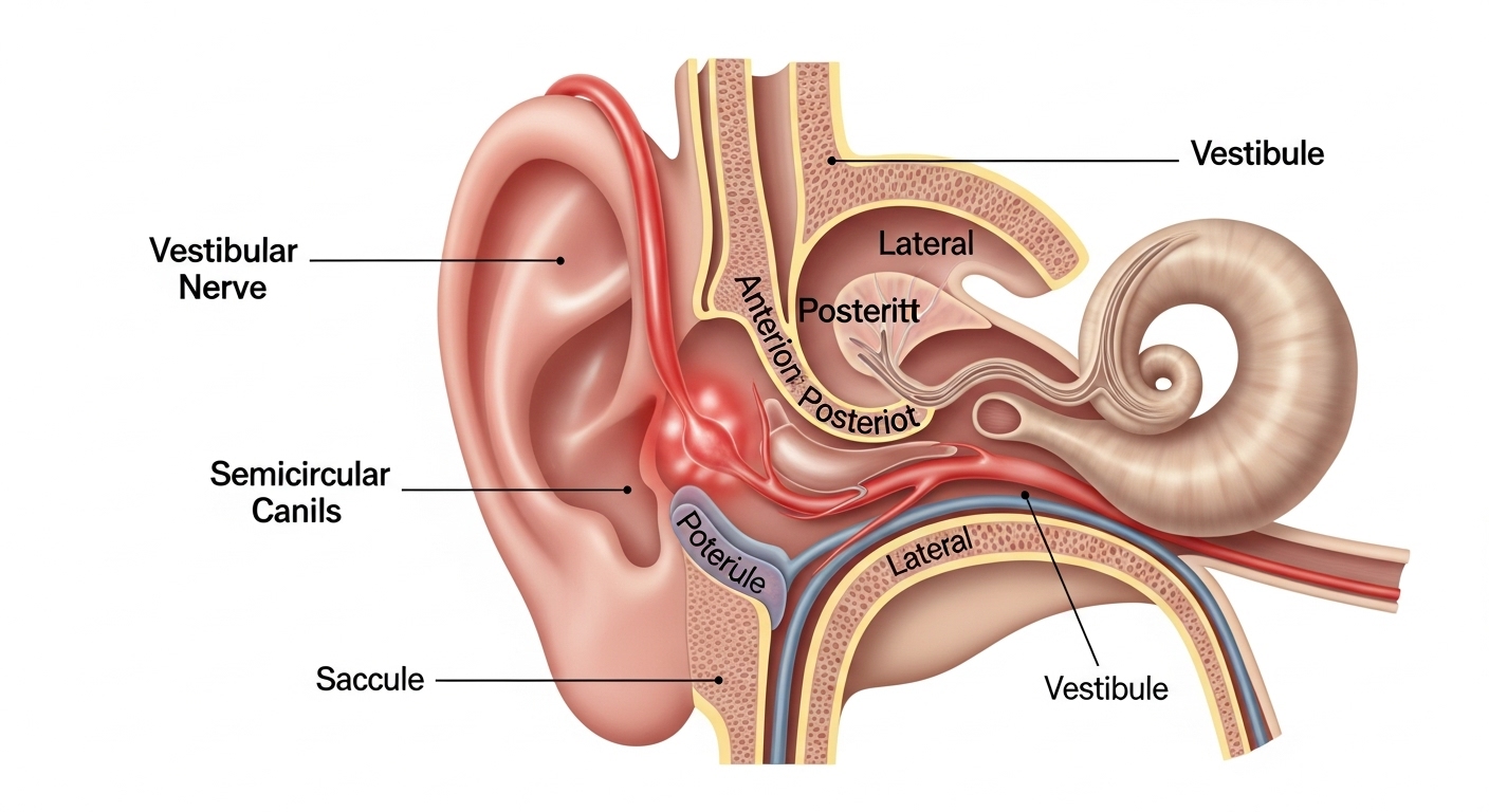 균형을 담당하는 귀 내부의 구조와 염증이 발생한 전정 신경의 단면도