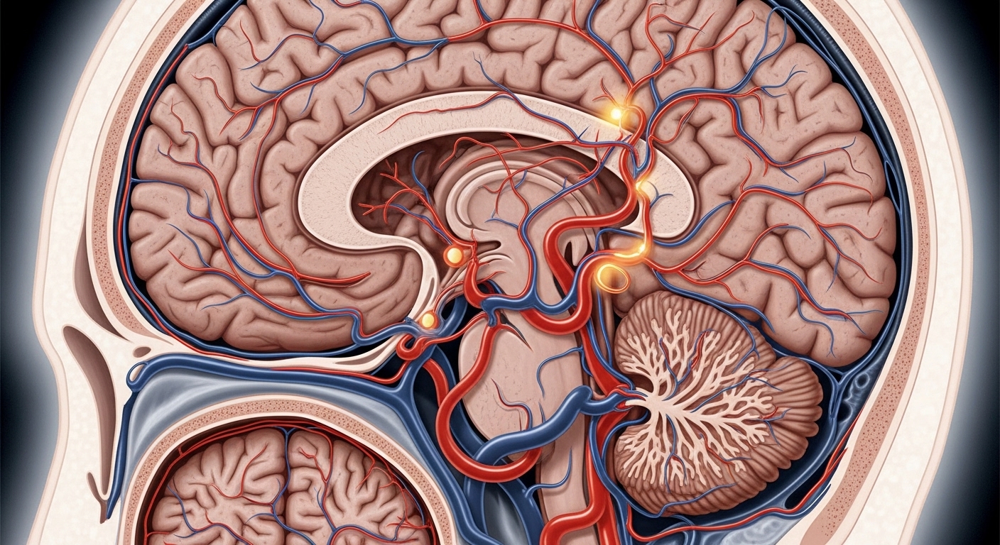 파열 위험이 높은 동맥과 정맥이 강조된 뇌동정맥기형의 의학적 삽화