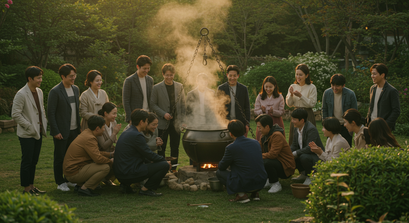 현대 한국인들이 큰 솥 주위에 모여 있는 모습으로 공동체와 번영을 상징함