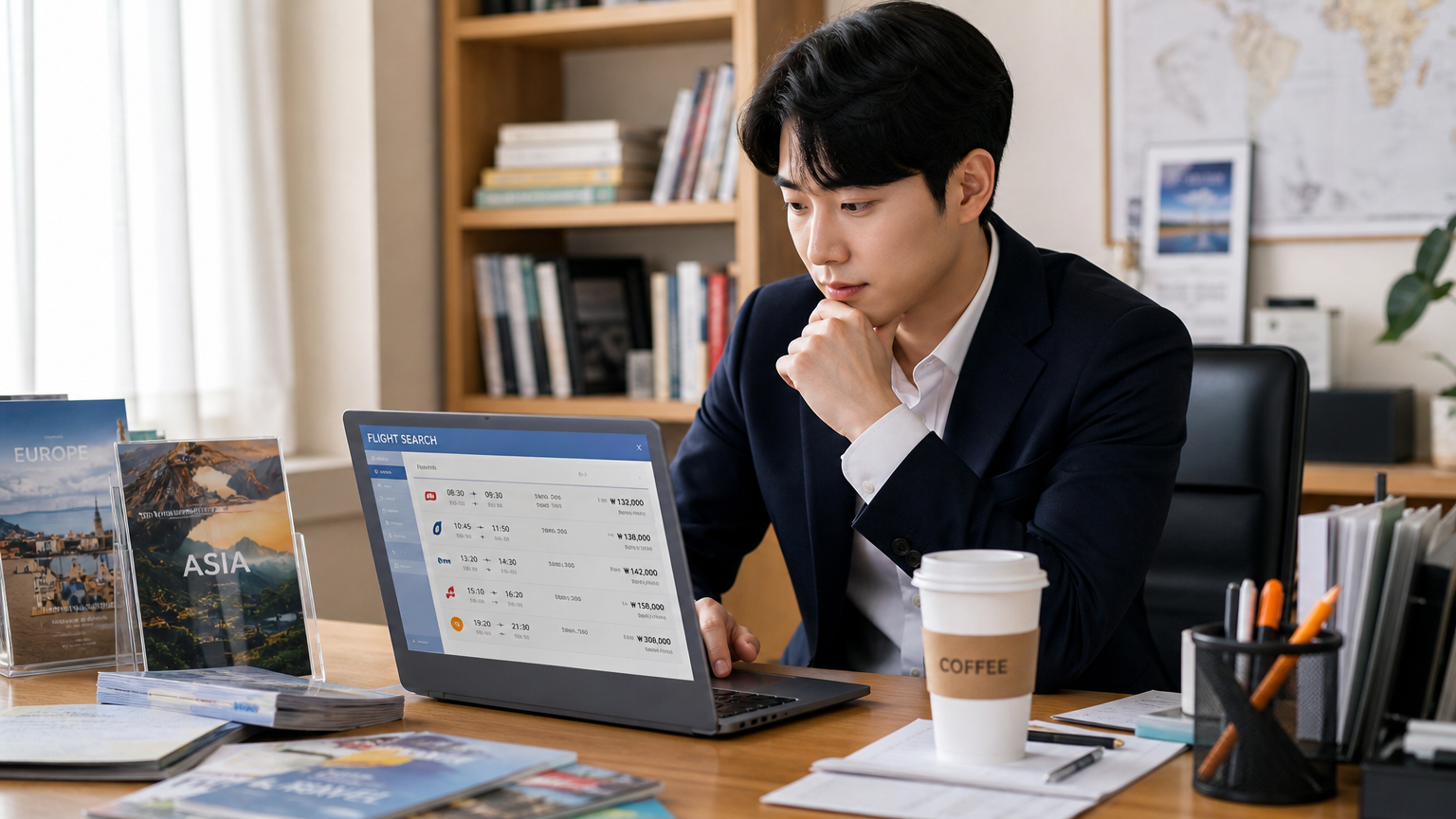 사무실에서 노트북으로 항공권 가격 비교 중인 비즈니스 전문가