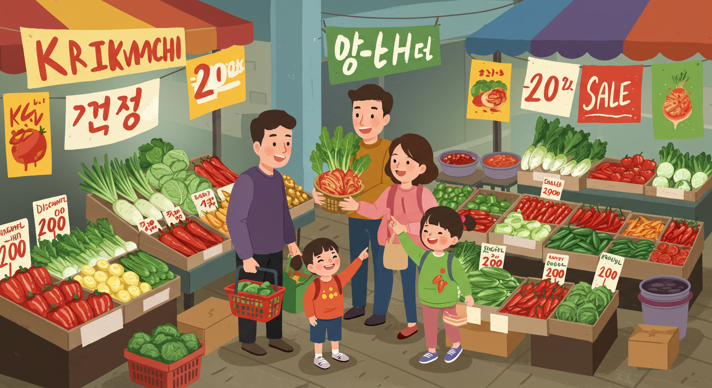 활기찬 시장에서 김장 재료를 구매하는 가족들