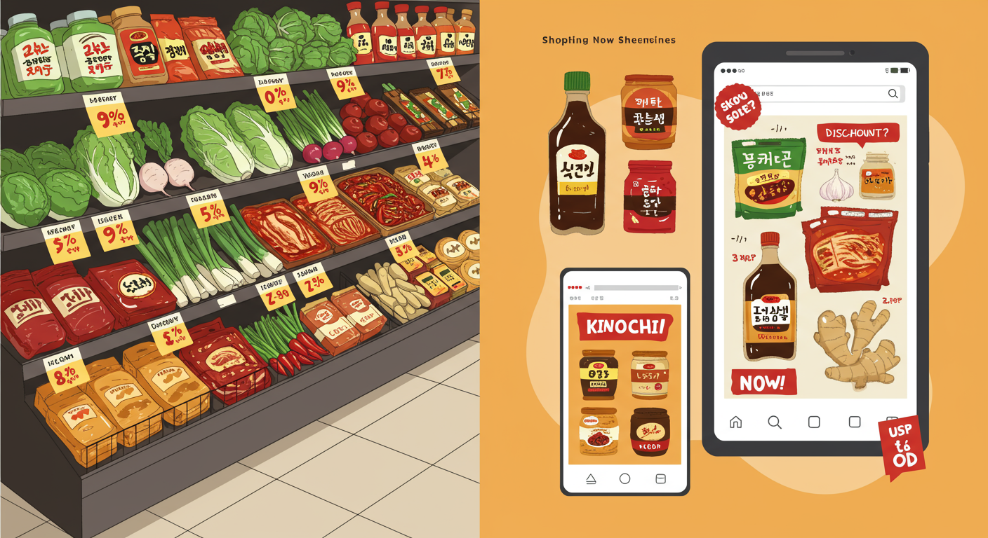슈퍼마켓과 온라인 플랫폼에서 다양한 경로로 제공되는 김치 재료 할인의 모습