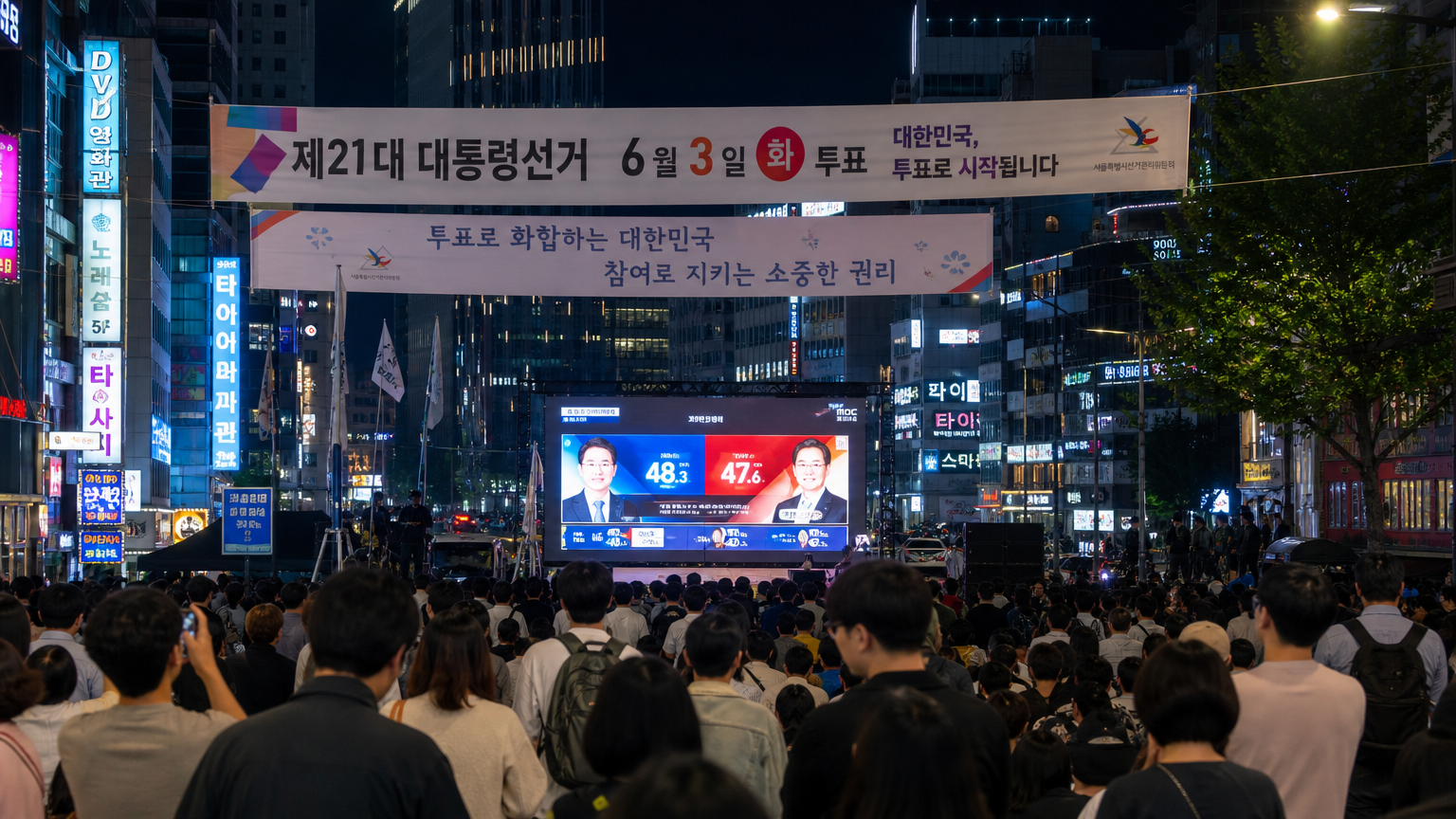 밤에 현대적인 한국 도시 풍경에서 사람들이 모여 선거 결과를 시청하는 모습