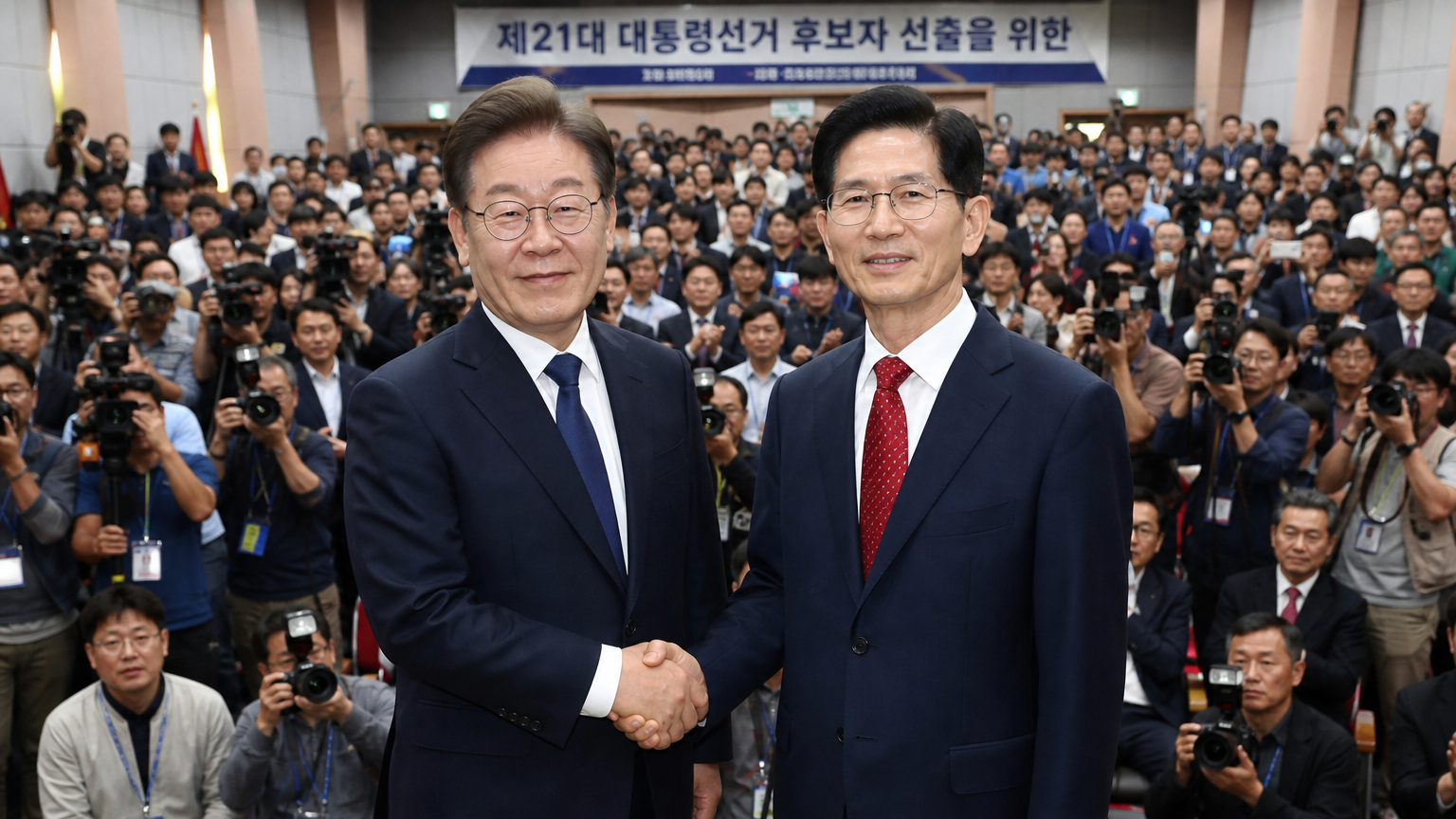 많은 사람들 앞에서 두 정치 후보가 악수하는 모습
