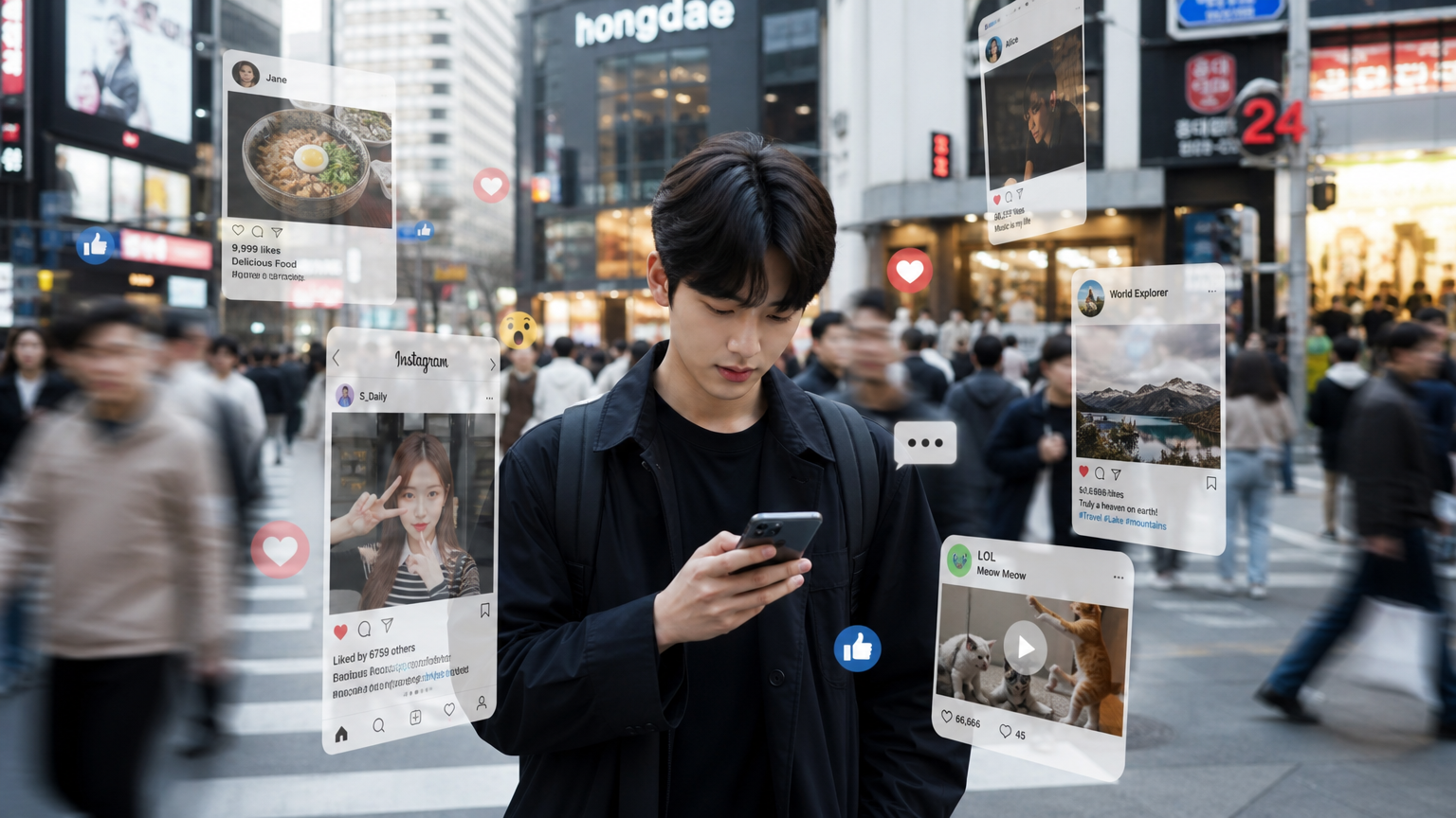 스마트폰에 몰입한 개인과 그 주변을 둘러싼 디지털 콘텐츠로 가득 찬 한국 도시 생활