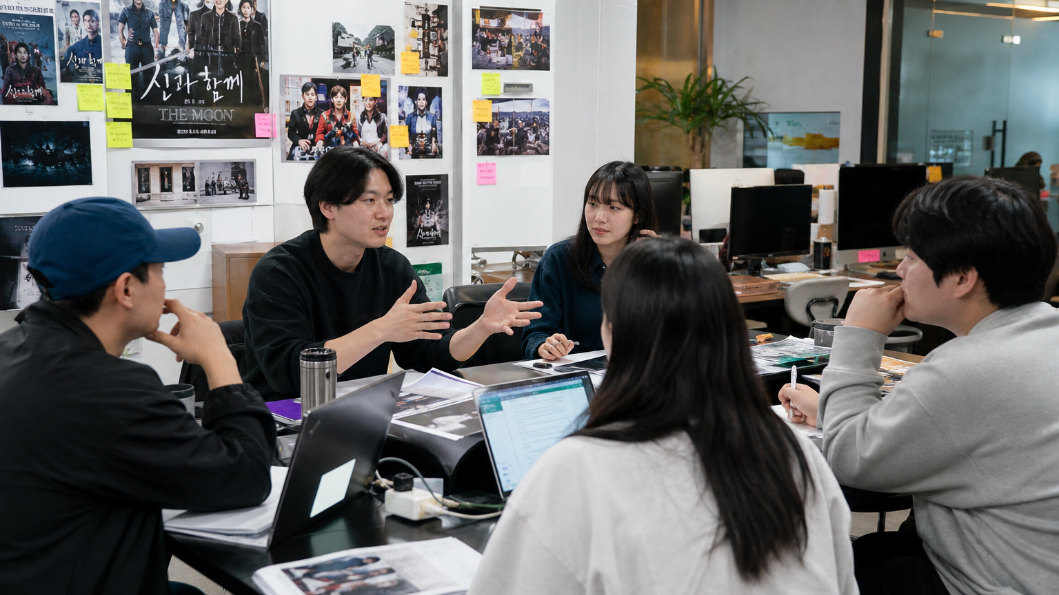 사무실에서 컴퓨터와 장비로 둘러싸인 채 새로운 프로젝트에 대해 논의하는 현대적 한국 제작팀