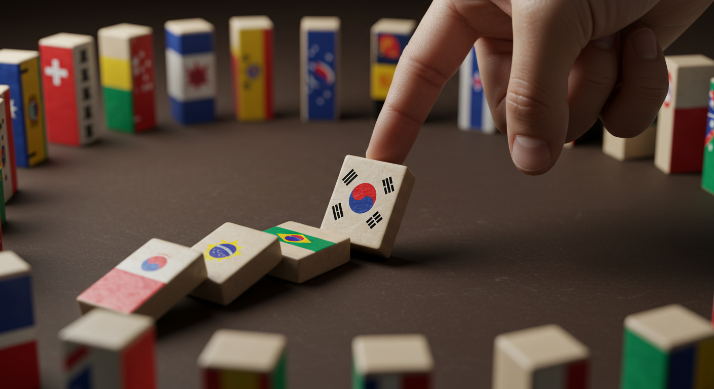 각국의 상징이 그려진 도미노 조각들이 나란히 세워져 있고, 누군가 첫 번째 조각을 밀어 넘어뜨리는 모습이 있는 현대 한국의 정치적 풍경