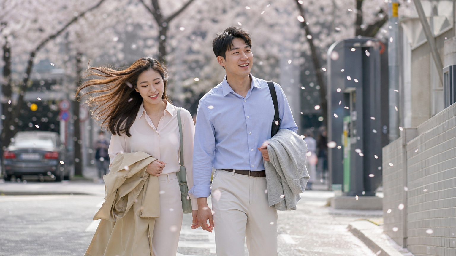 봄 옷차림으로 벚꽃길을 걷는 사람들