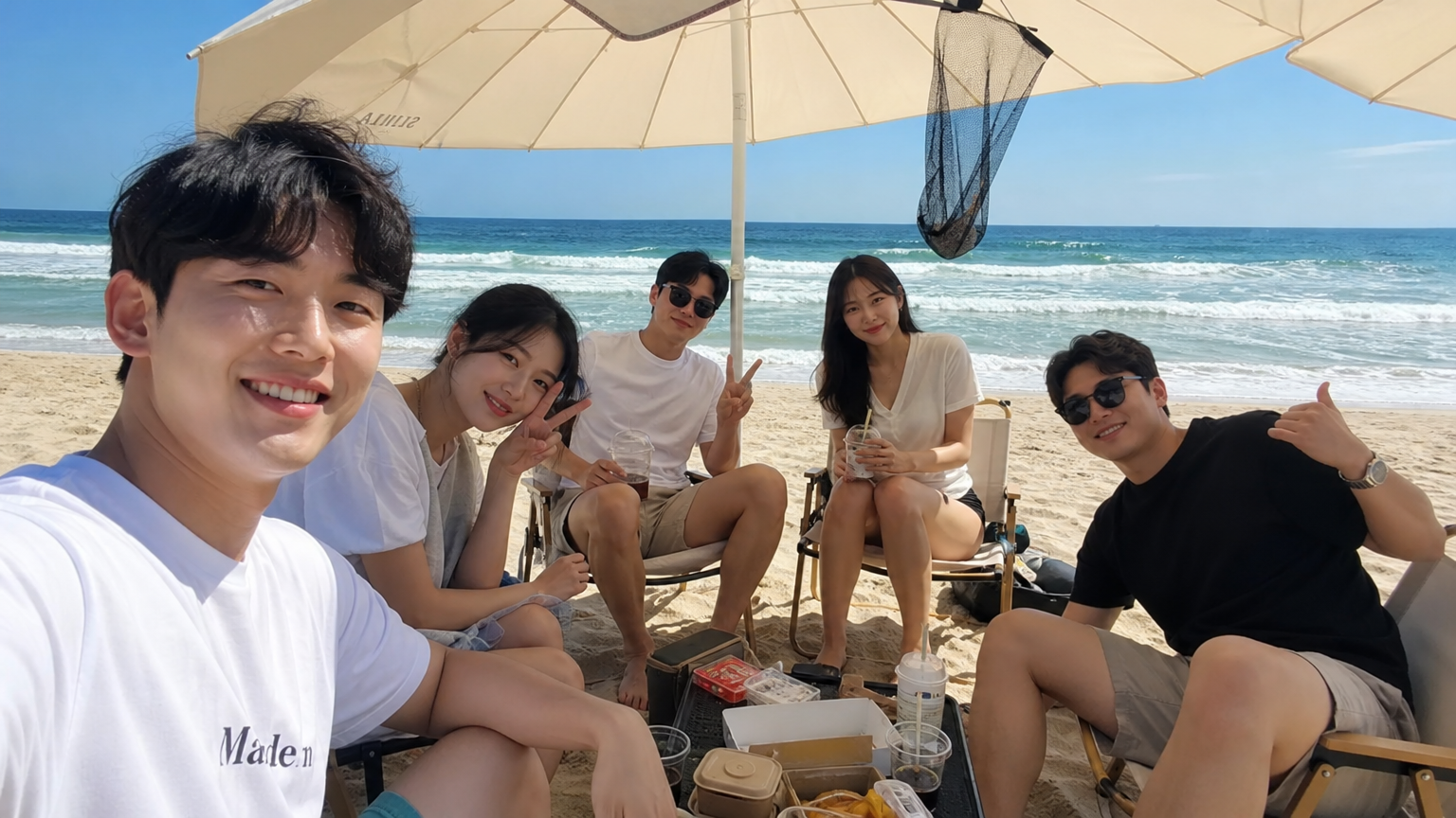 해변에서 여름 옷차림으로 즐기는 친구들