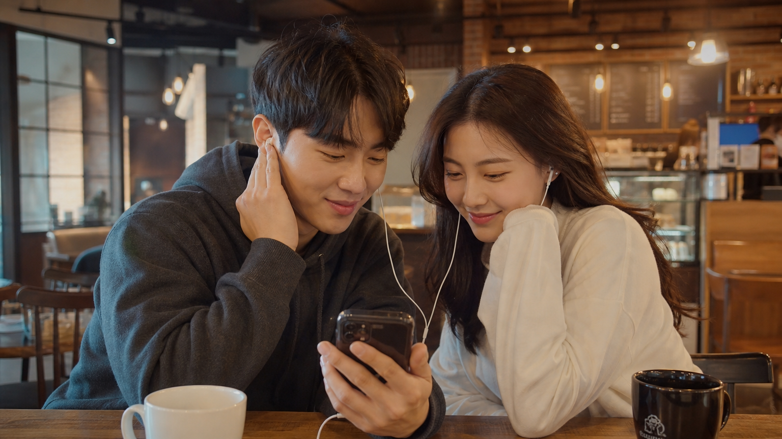 카페에서 스마트폰으로 발라드를 감상하는 젊은 한국인들