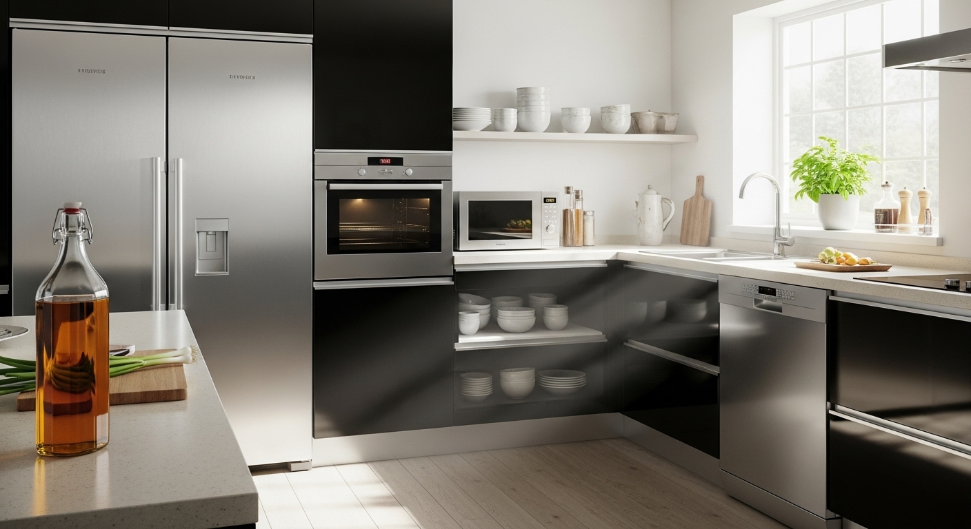 깨끗하게 정돈된 한국 현대 주방에서 폐식용유로 광택을 낸 반짝이는 스테인리스 제품들