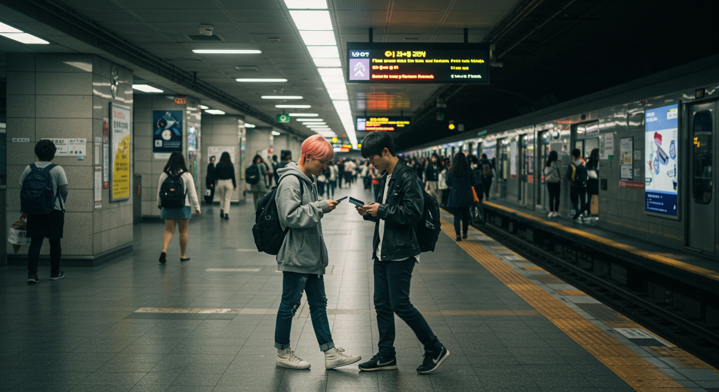 서울 지하철역에서 대중교통 카드를 사용하는 현대적 감성의 청소년들