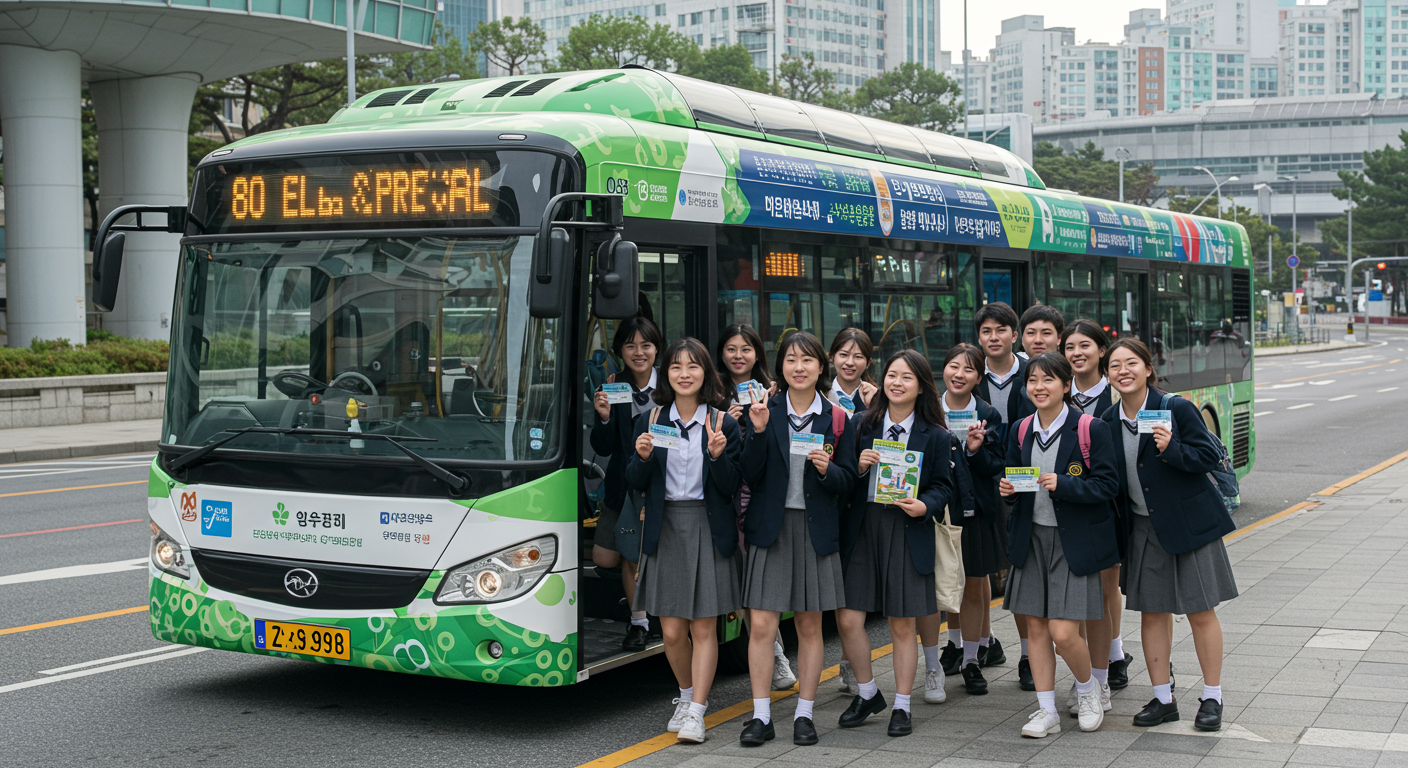기후동행카드를 사용하여 서울 시내버스를 타는 학생들의 모습