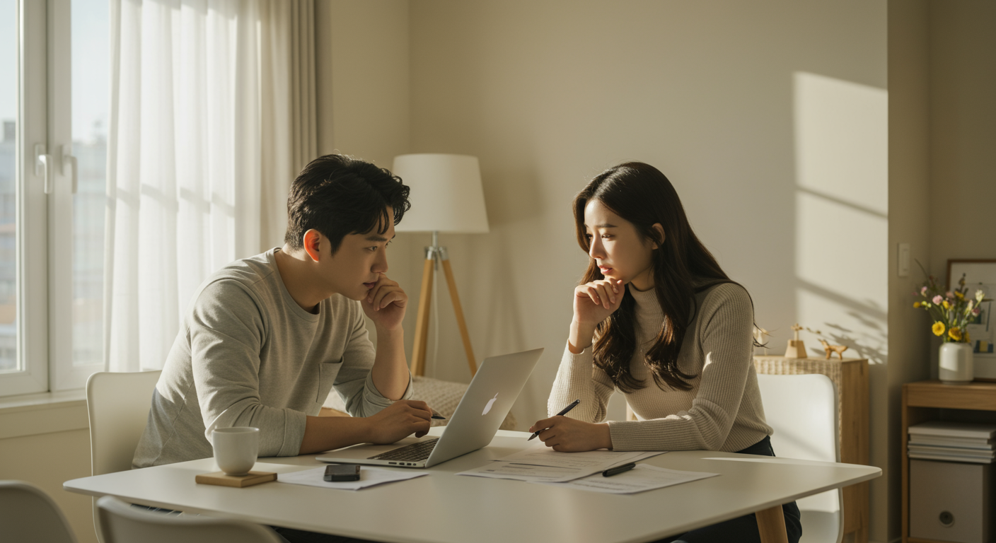 현대적인 아파트 거실에서 대출 옵션을 논의하는 부부