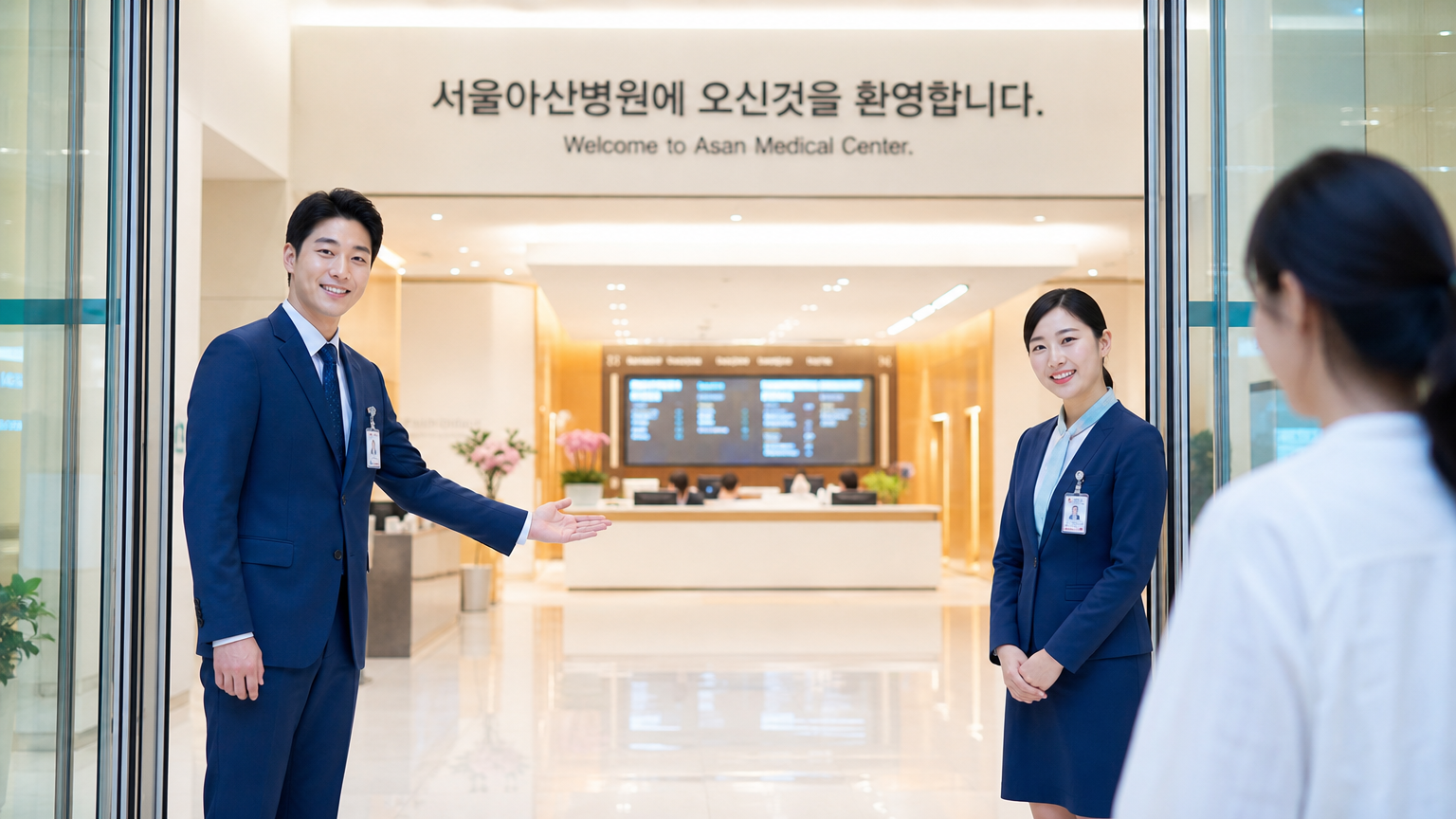 병원 입구에서 환영받는 모습과 현대적인 디자인