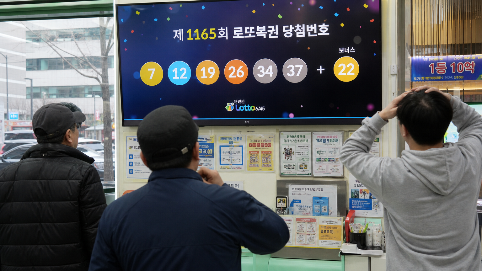 서울 편의점 전광판에 표시된 당첨 번호를 보고 있는 손님들의 반응