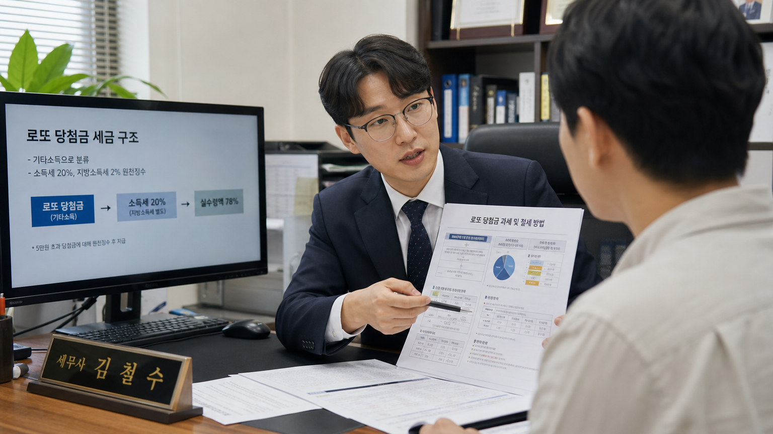 사무실에서 복권 당첨금 세금 공제를 차트와 문서를 통해 설명하는 한국인 회계사