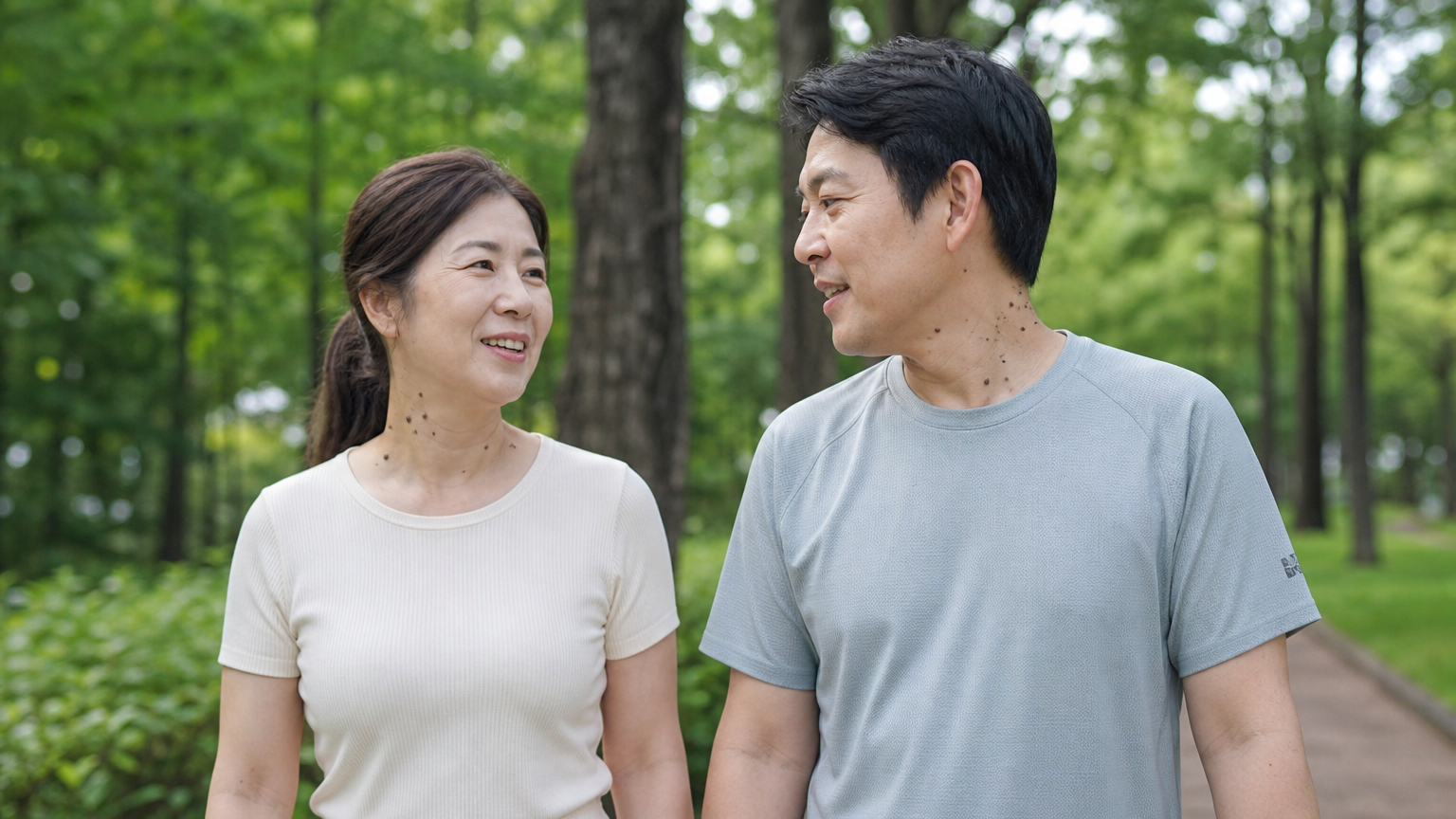 공원에서 산책하는 중년 부부의 목에 보이는 피부 태그