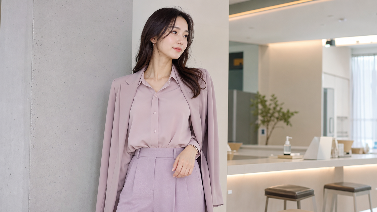 파스텔 톤온톤 의상을 입고 세련된 공간에 있는 한국 여성