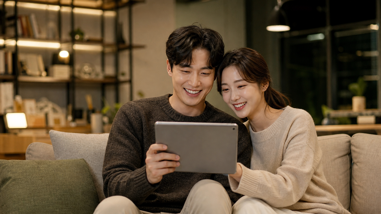 현대적인 거실에서 태블릿을 보며 미소 짓는 커플
