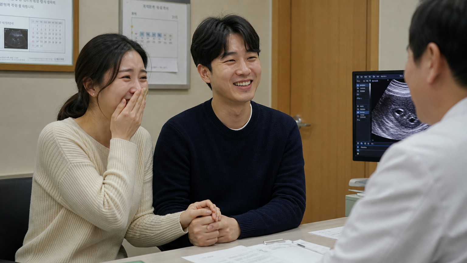 병원에서 시험관 시술 성공 소식을 듣고 손을 잡은 기뻐하는 부부