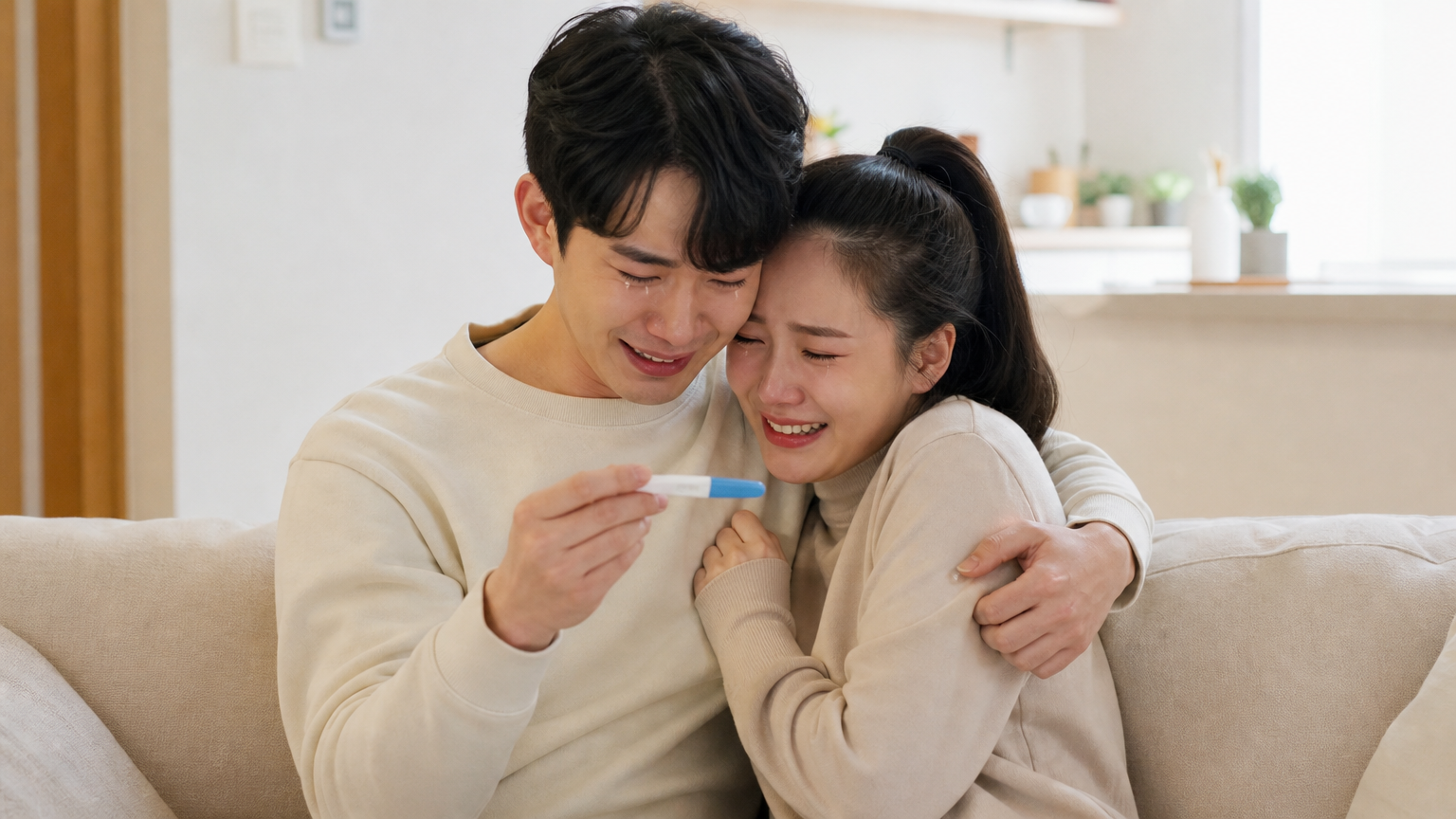 집에서 임신 확인 후 기쁨의 눈물을 흘리며 포옹하는 부부