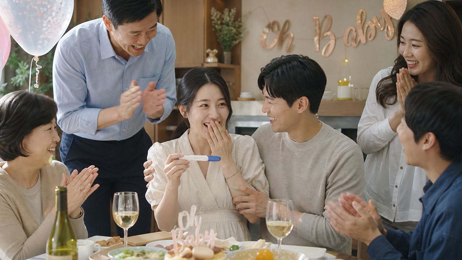 가족과 친구들로부터 임신 축하를 받는 따뜻한 식사 자리