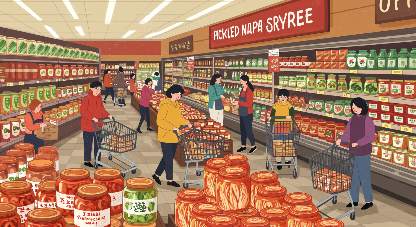 소비자들이 활기찬 분위기 속에서 대형마트에서 절임배추를 예약하는 모습