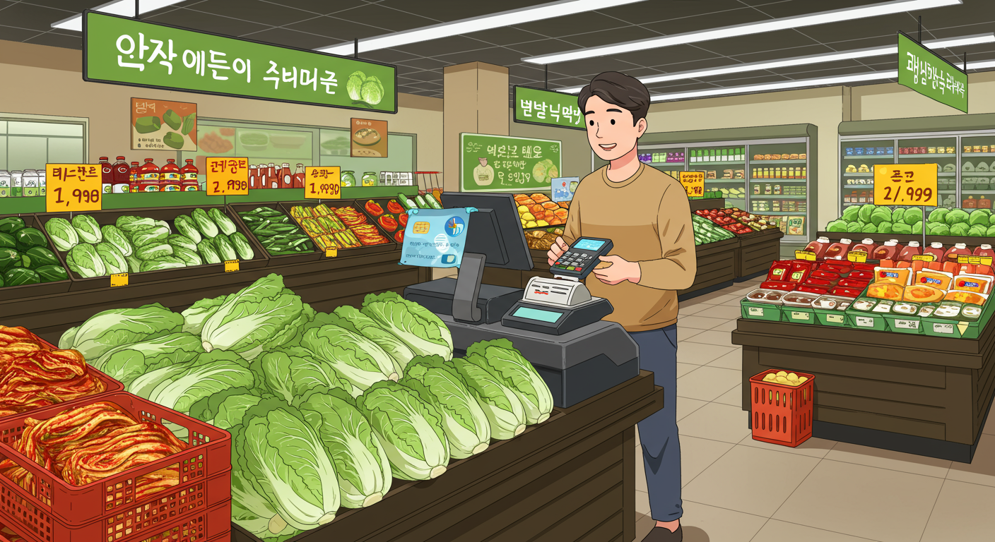 슈퍼마켓에서 배추 구매 시 할인받기 위해 신용카드를 사용하는 모습