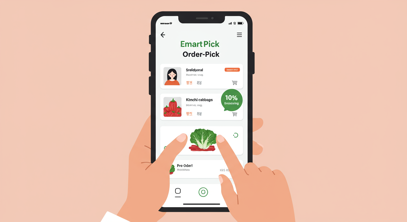 사용자가 이마트 앱에서 오더픽 서비스를 이용해 배추를 미리 주문하는 장면