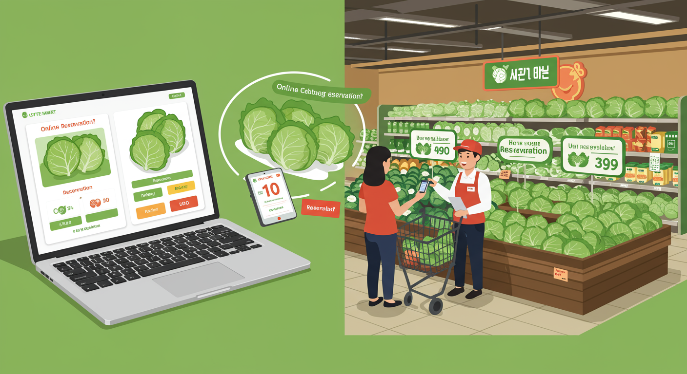 롯데마트 온라인 플랫폼과 매장에서 배추 예약 과정을 보여주는 장면