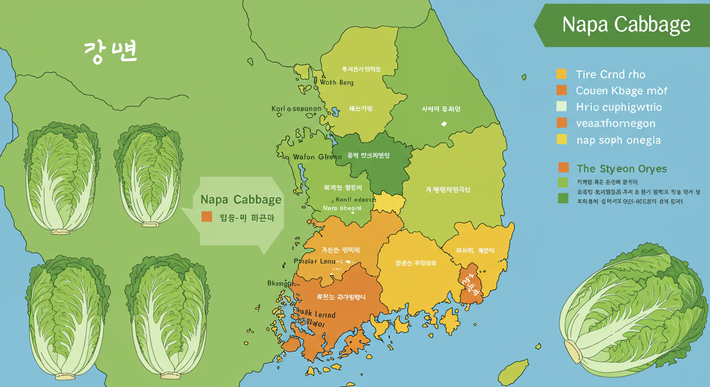 한국의 다양한 고품질 배추 생산지를 강조하는 지도