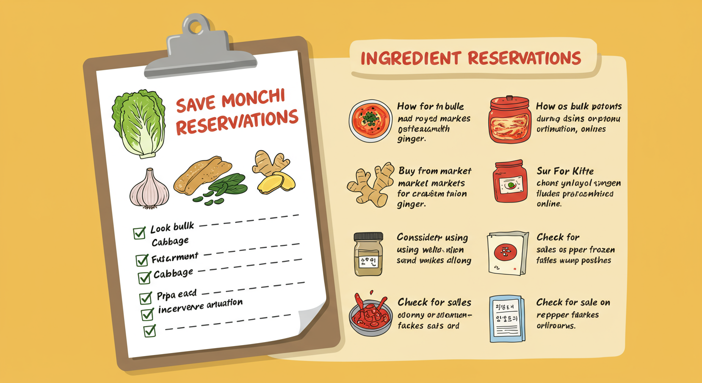 김치 재료 예약 중 비용을 아낄 수 있는 팁과 체크리스트가 클립보드에 적혀 있는 장면