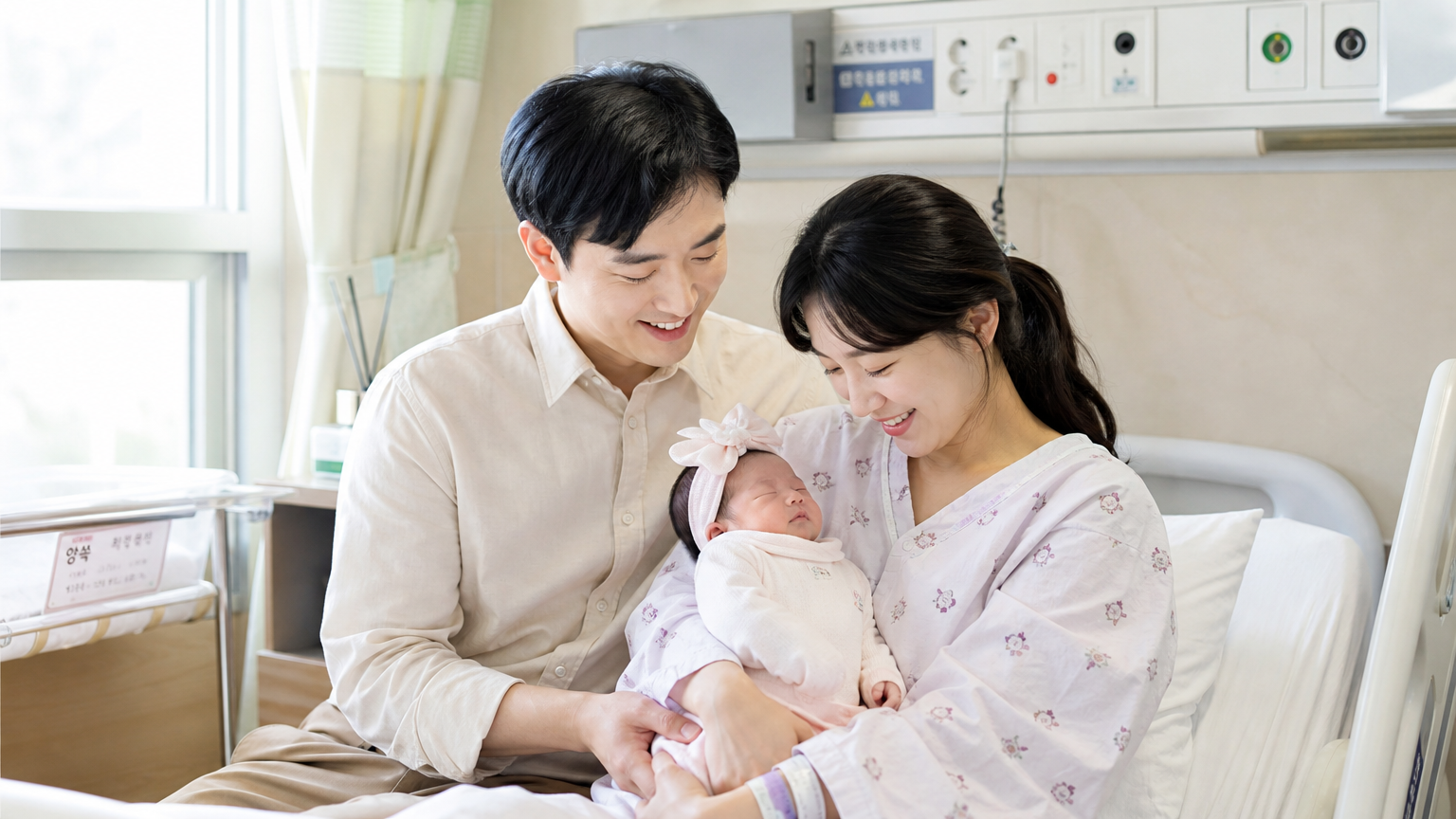 병원에서 딸을 품에 안고 있는 현대적인 부부의 모습