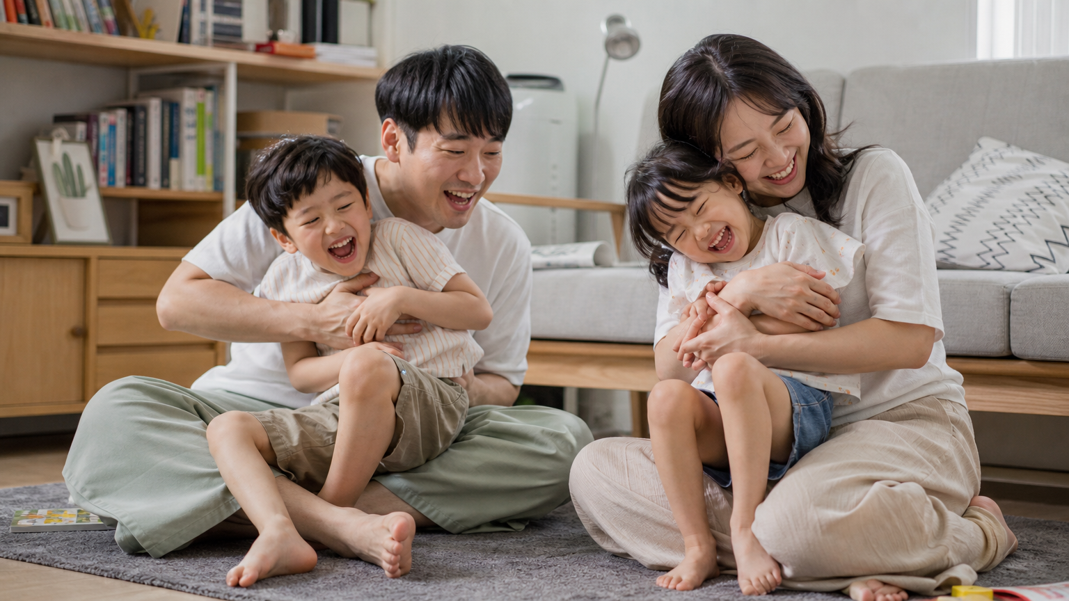 네 식구가 된 가족이 집안에서 다정하게 놀고 있는 장면