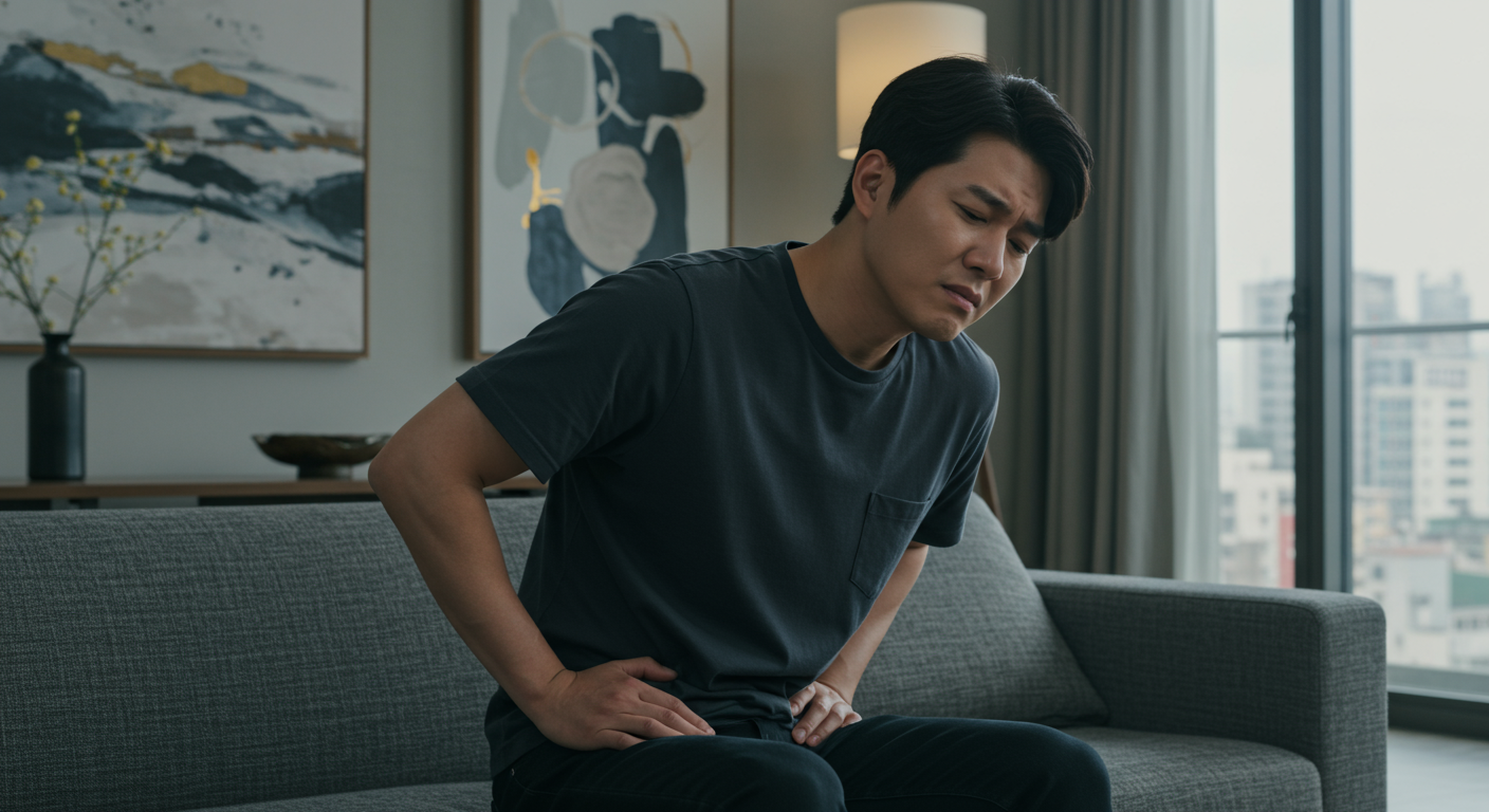 현대적인 거실에서 오른쪽 옆구리를 붙잡고 아파하는 남성