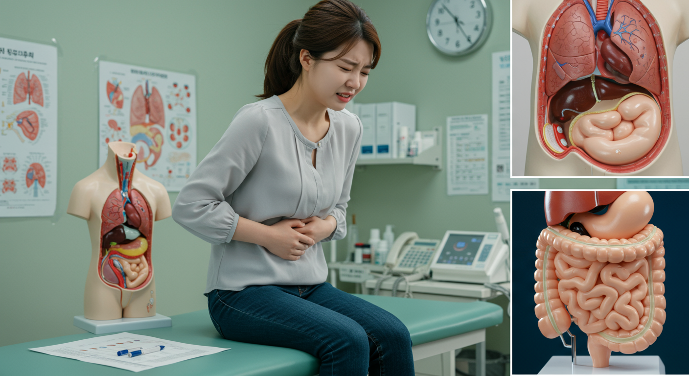 병원 진료실에서 복통을 느끼며 배를 잡고 있는 젊은 여성