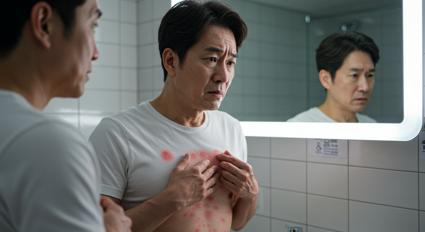 욕실 거울 앞에서 피부의 붉은 발진을 걱정스럽게 살펴보는 중년 남성