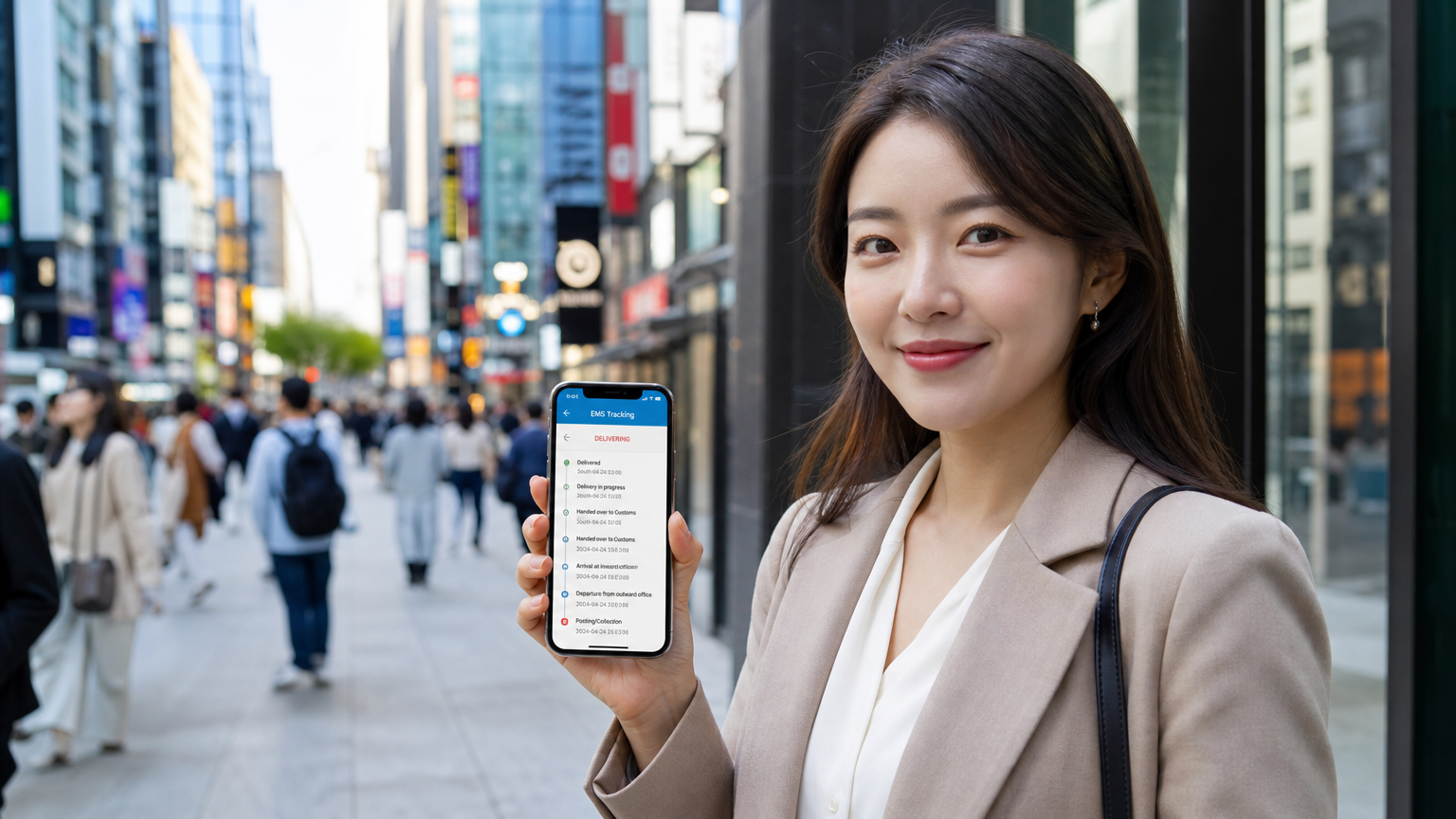 도시 배경으로 스마트폰을 들고 실시간 추적을 확인하는 비즈니스 여성