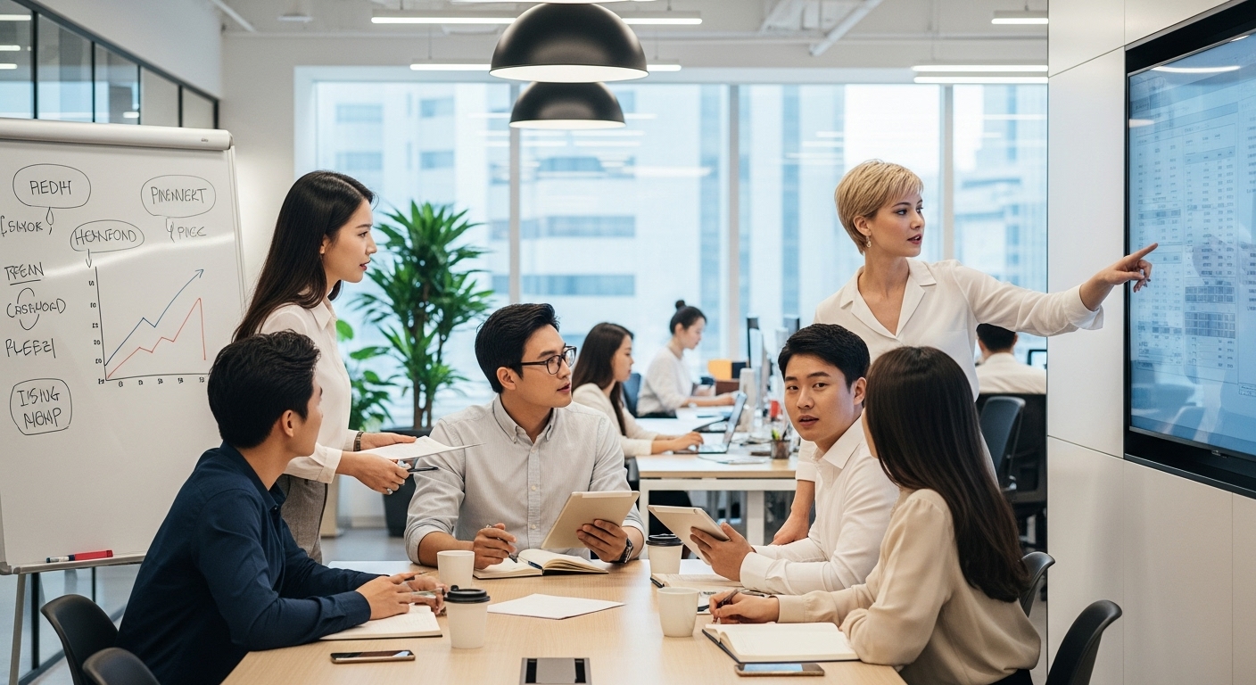젊은 직장인들이 사무실에서 재정 계획과 전략을 논의하는 모습
