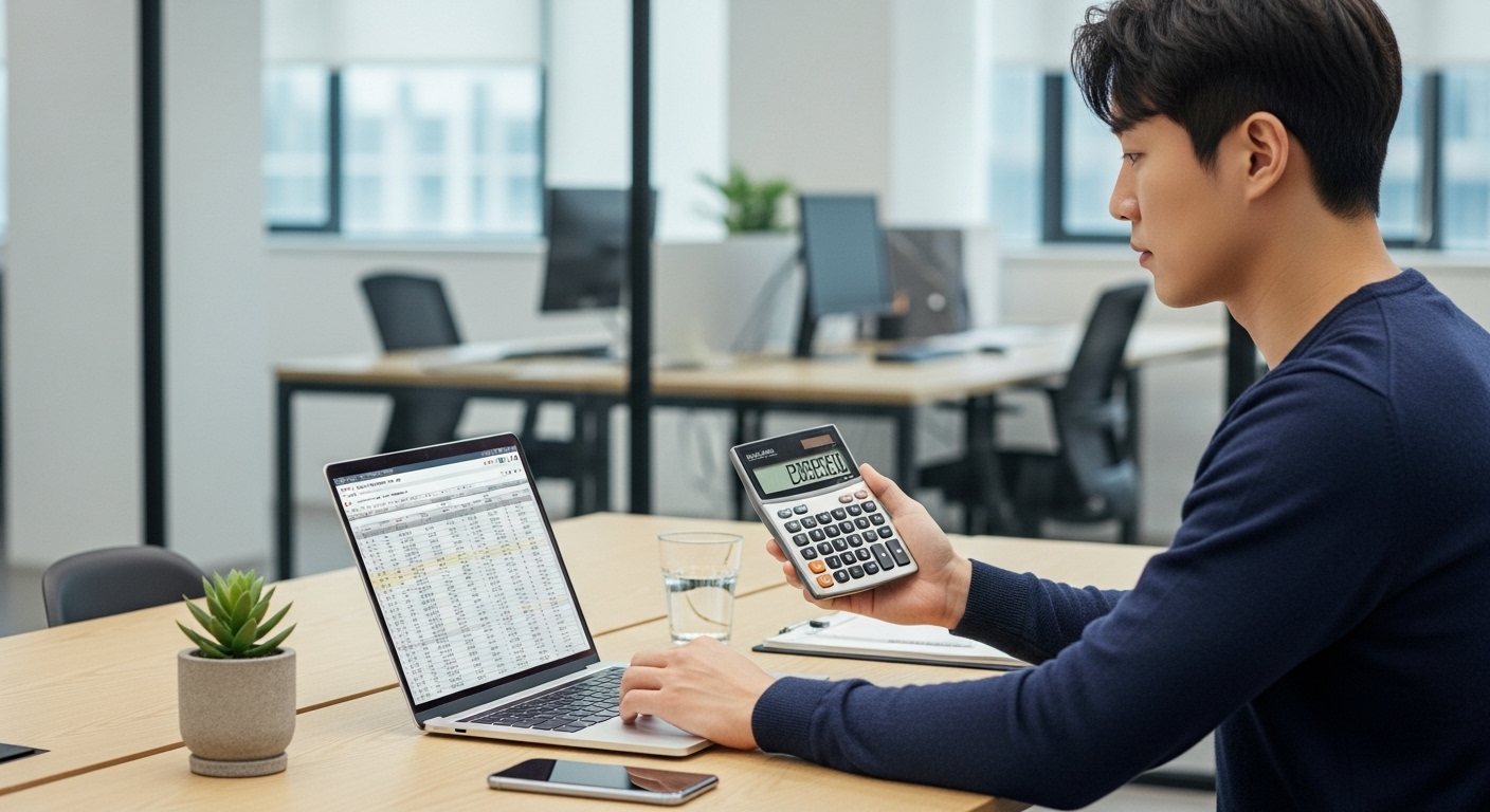 젊은 남성이 책상에서 계산기로 부분 인출 한도를 계산하는 모습
