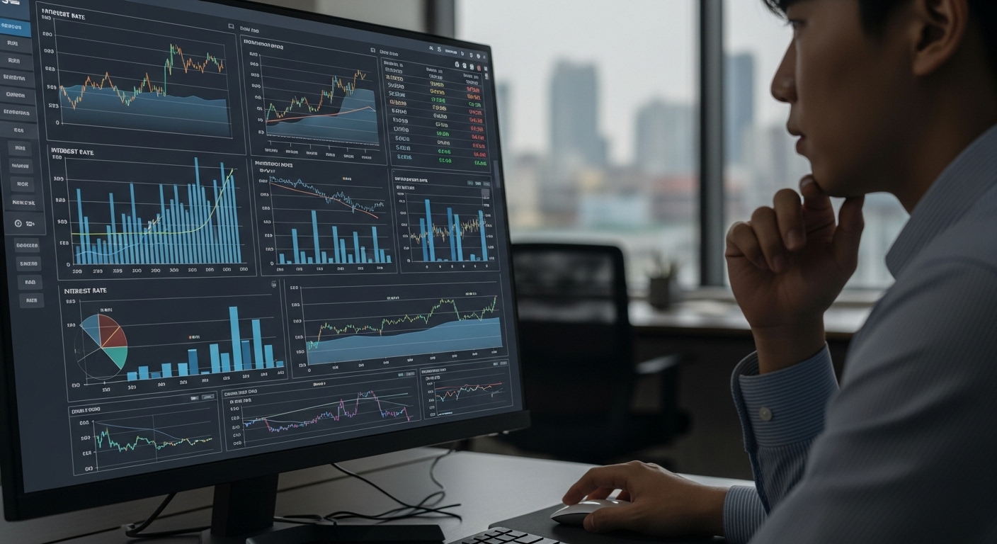 컴퓨터 화면에 표시된 금리 차트를 분석하는 모습