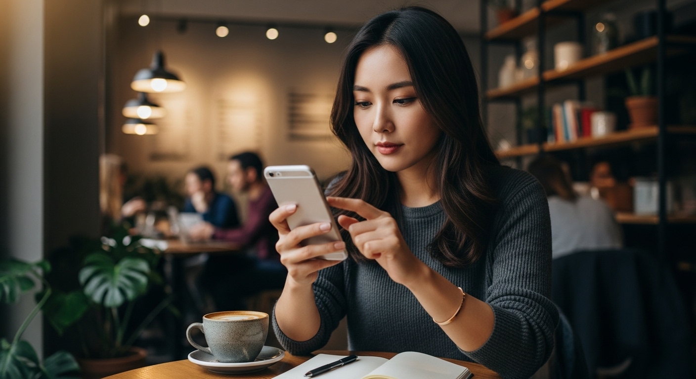 카페에서 모바일 앱으로 금융 서비스를 신청하는 여성