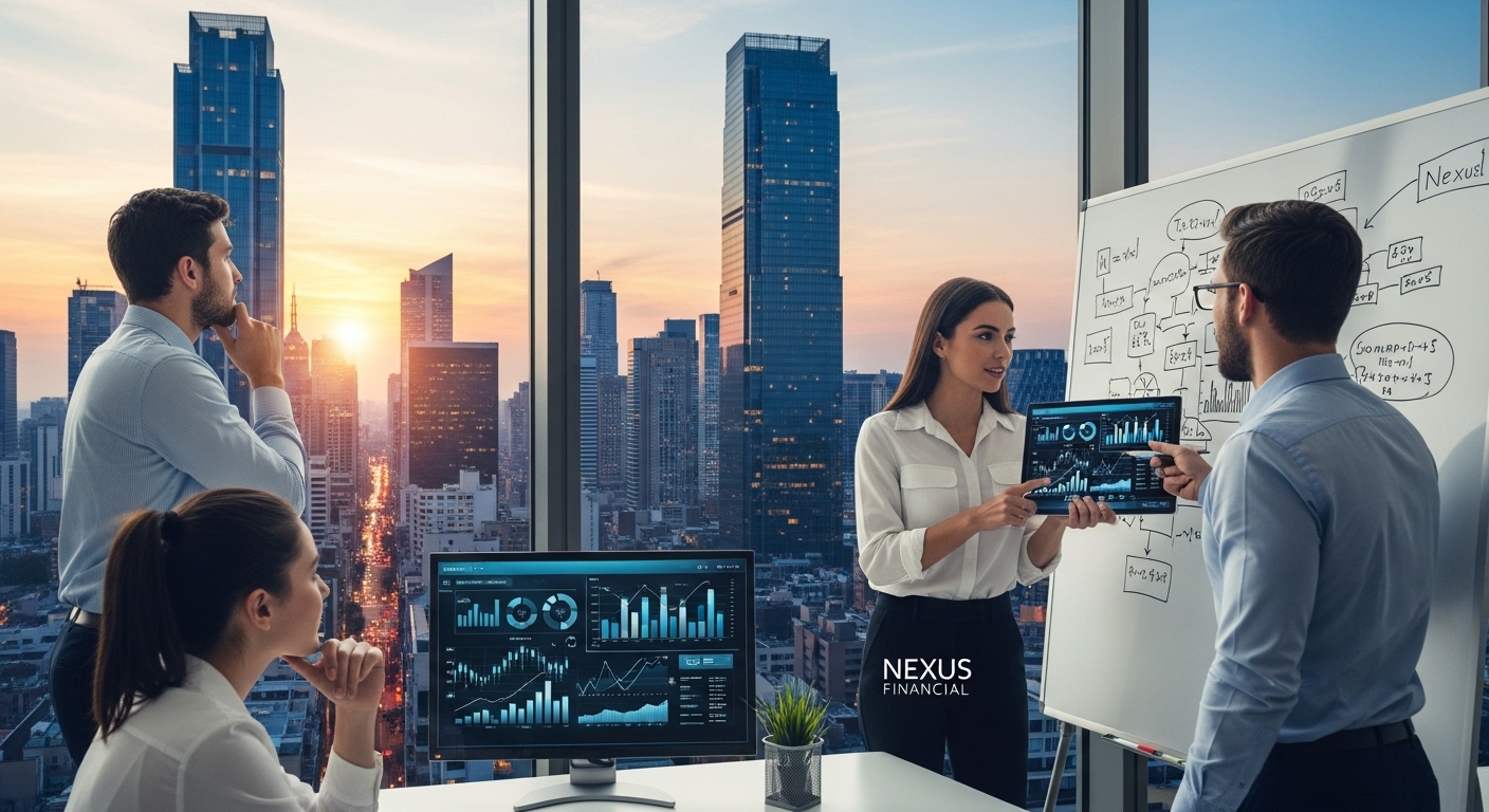 사무실 창문 밖 도시 전경을 바라보며 금융 시스템 개선을 상상하는 모습