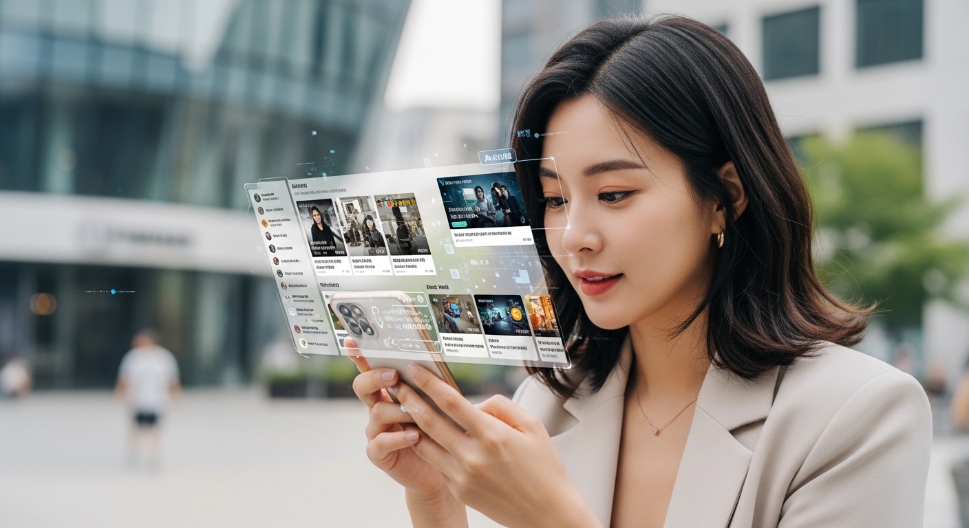 세련된 도시 환경에서 스마트폰을 통해 개인화된 AI 피드를 확인하는 젊은 여성
