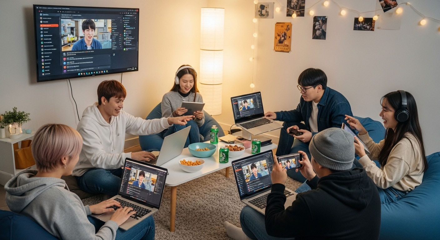 다양한 기기로 집에서 인터랙티브 라이브 스트림 세션에 참여하는 젊은 사람들