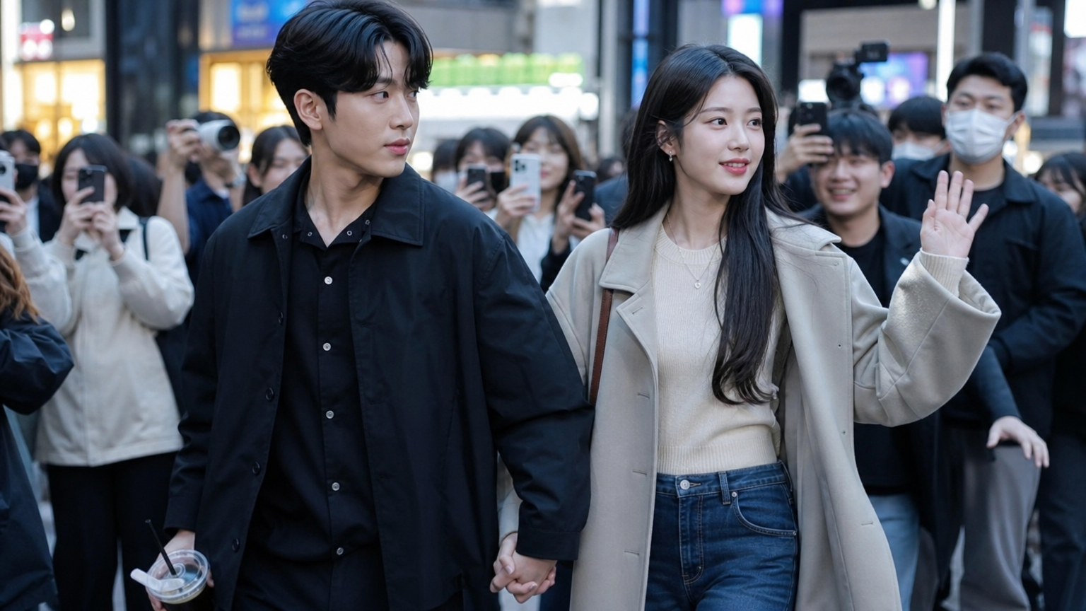 활기찬 도시 거리에서 팬들과 사진가들 사이를 걷는 현대적인 커플의 놀라운 순간
