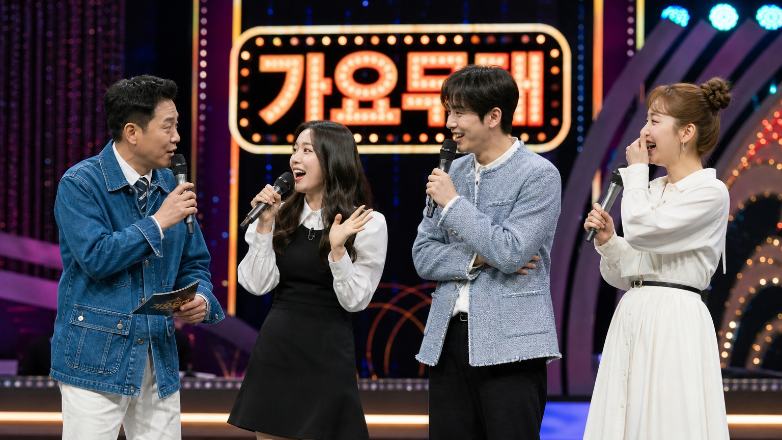 밝은 조명 아래 활기차게 상호작용하는 한국 예능 프로그램 세트장의 모습