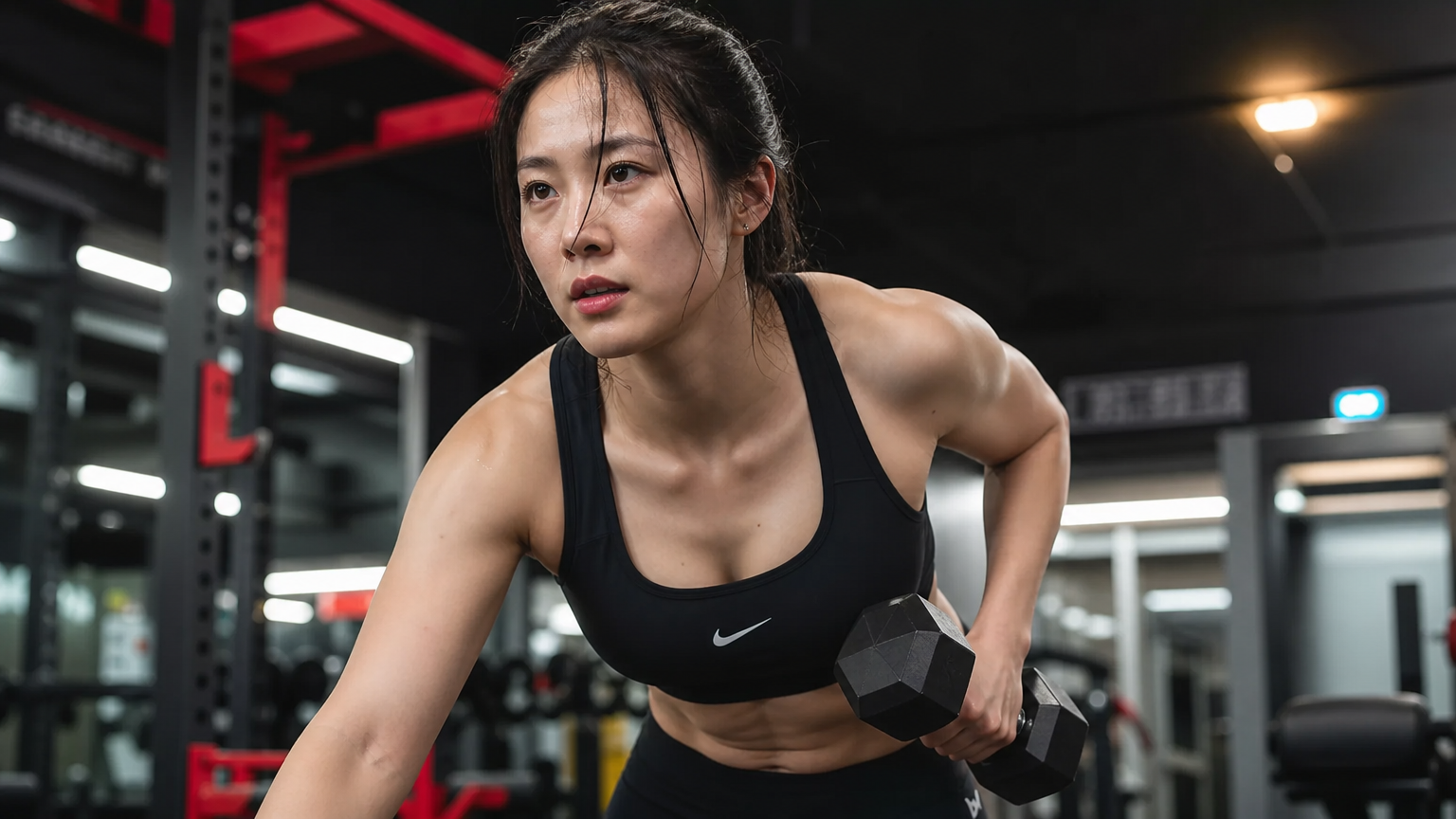 현대식 체육관에서 운동하는 결단력 있는 여성